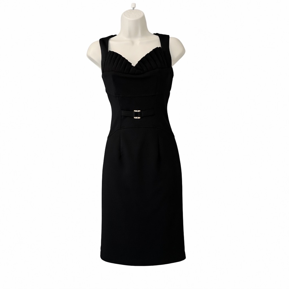 XOXO Black Sheath Dress 0/0 Knee Length Waist Gold Hardware Pleated Chest Casual